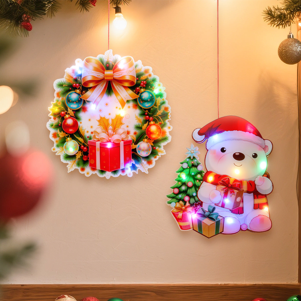 Santa Claus luminous door hanging decoration Christmas home DIY colorful lights snowman scene decoration hanging decoration