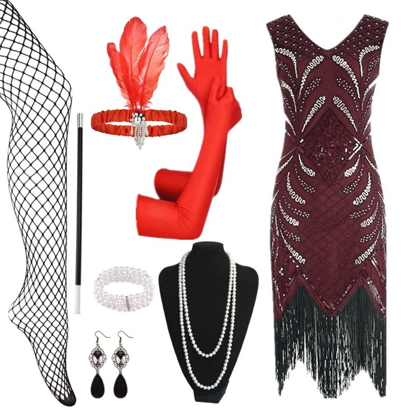 Halloween 1920s Vintage Gatsby Beaded Sequin Fringe Evening Dress