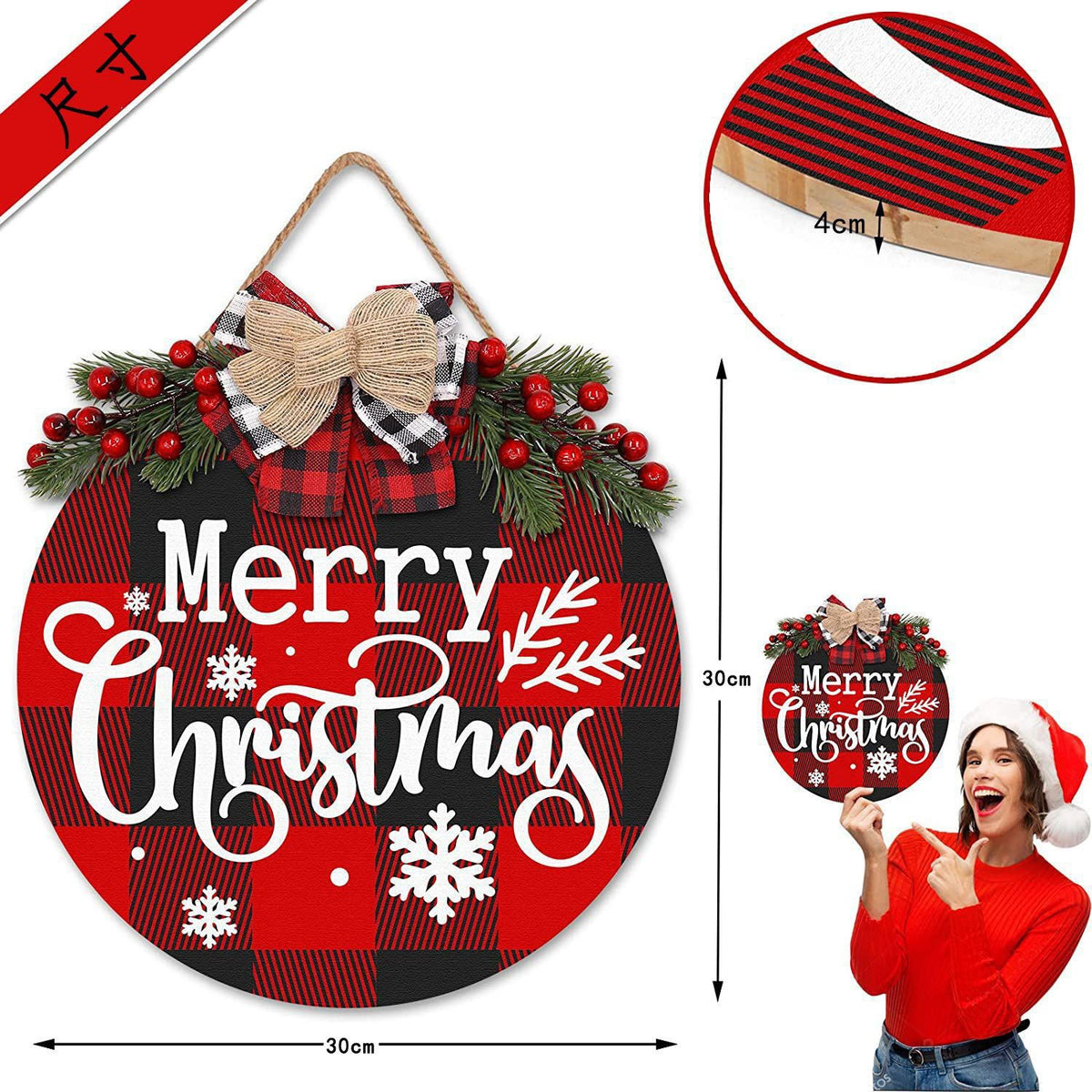 Christmas decoration wooden flower wreath Christmas wooden welcome doorplate decoration flower wreath door ring