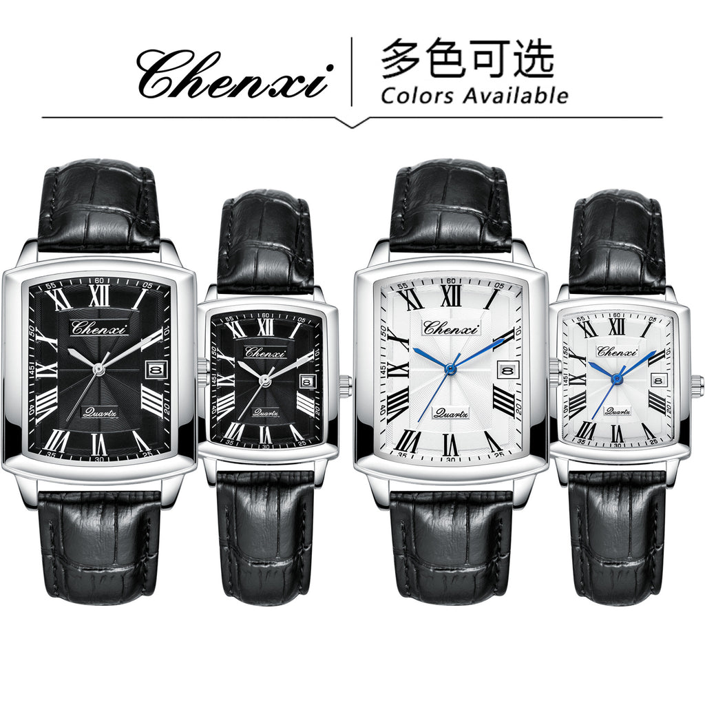 Casual Couple Watch, Morning Light Brand, Calendar Quartz Watch, Simple Square Design for Men and Women, Leather Strap
