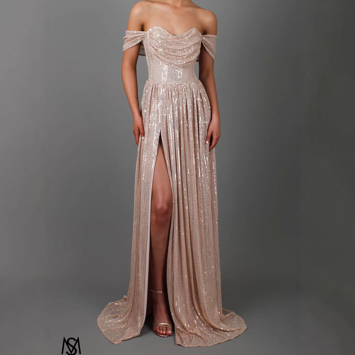 Glittery Strapless Maxi Dress with High Slit and Flared Skirt for Women Elegant Evening Gown