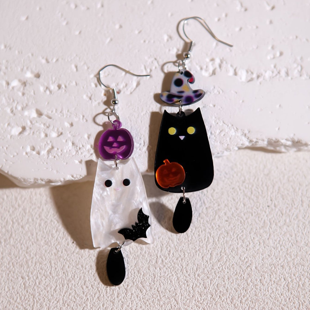 Halloween Black and White Ghost Pumpkin Bat Acrylic Earrings, Quirky Minimalist Design Creative Earrings