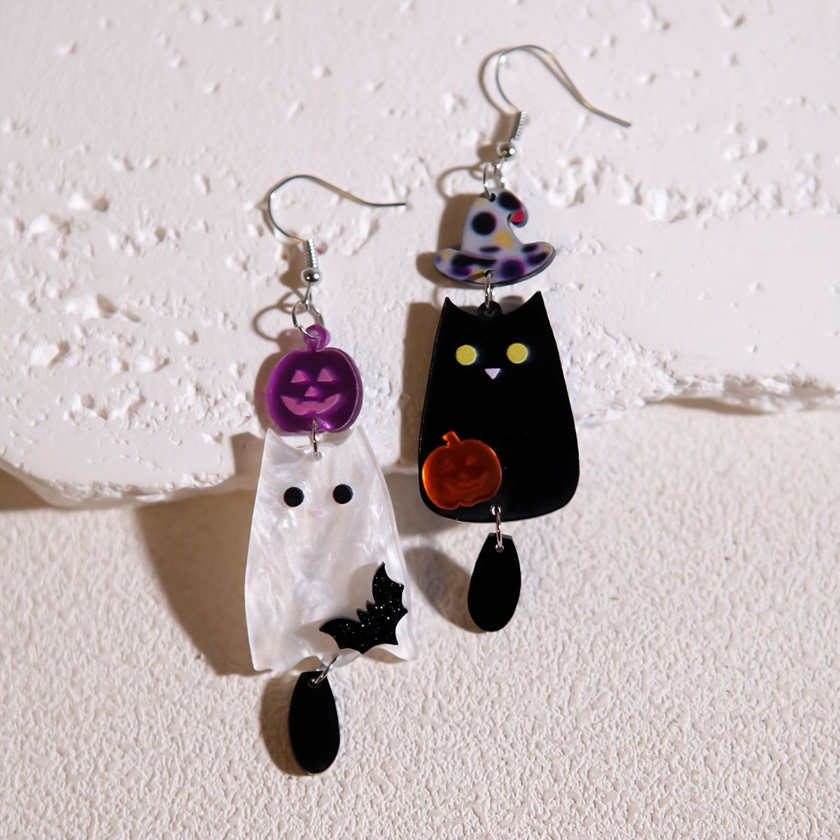 Halloween Black and White Ghost Pumpkin Bat Acrylic Earrings, Quirky Minimalist Design Creative Earrings