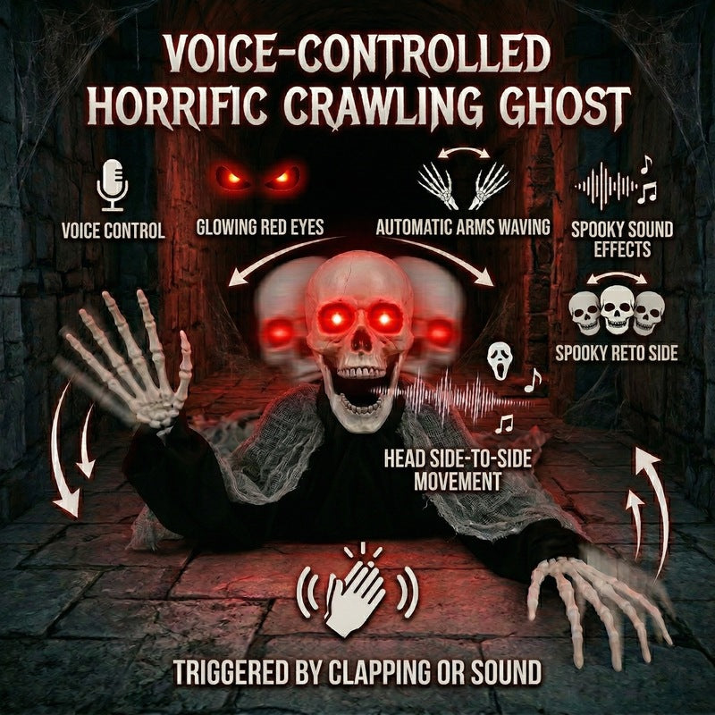 Voice Control Halloween Ghost – Glowing Red Eyes, Auto-Moving Hands, Foldable Bloody Zombie Screamer, Animatronic Decor