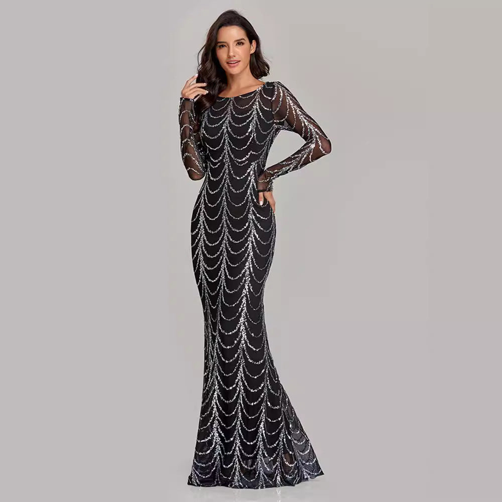 Elegant Party Dress with Sequins Long Sleeve Round Neck Fitted Mermaid Silhouette Evening Gown