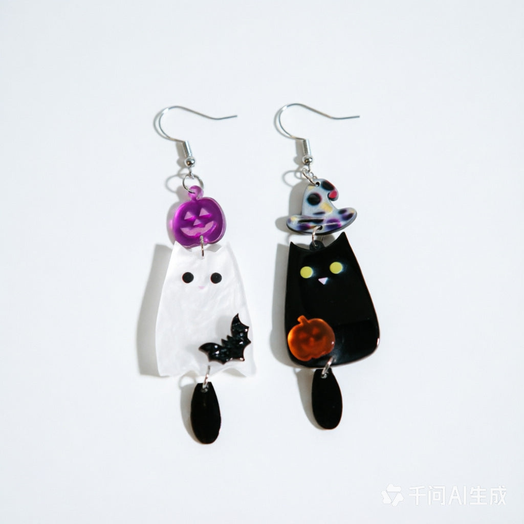 Halloween Black and White Ghost Pumpkin Bat Acrylic Earrings, Quirky Minimalist Design Creative Earrings