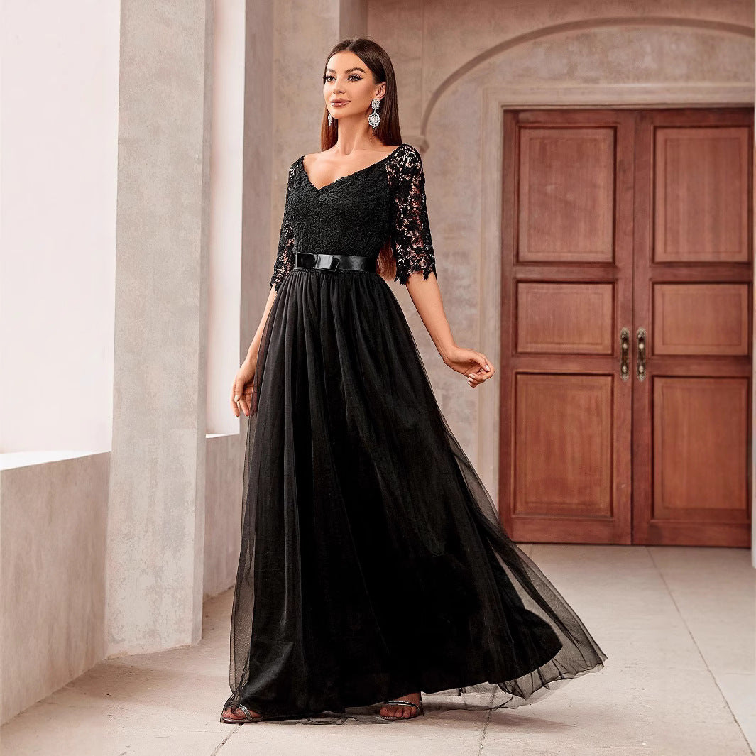 Elegant Long Dress with Spliced Full SkirtStyle V-Neck Evening Gown, Lace Off-Shoulder Princess Dress