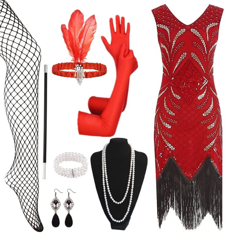 Halloween 1920s Vintage Gatsby Beaded Sequin Fringe Evening Dress