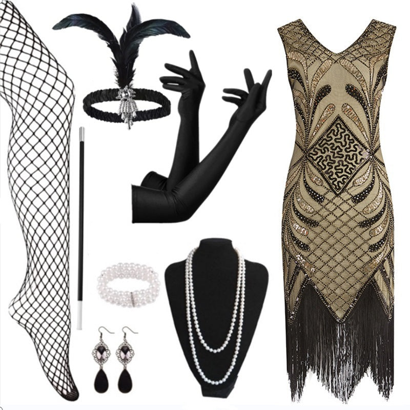 Halloween 1920s Vintage Gatsby Beaded Sequin Fringe Evening Dress