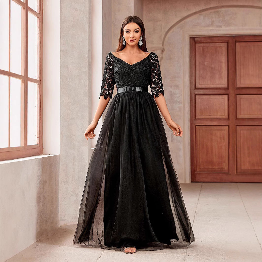Elegant Long Dress with Spliced Full SkirtStyle V-Neck Evening Gown, Lace Off-Shoulder Princess Dress