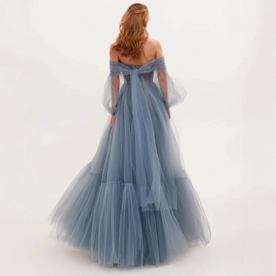 Elegant Long Sleeve One Shoulder Tulle Dress Women's Wedding Gown Evening Dress