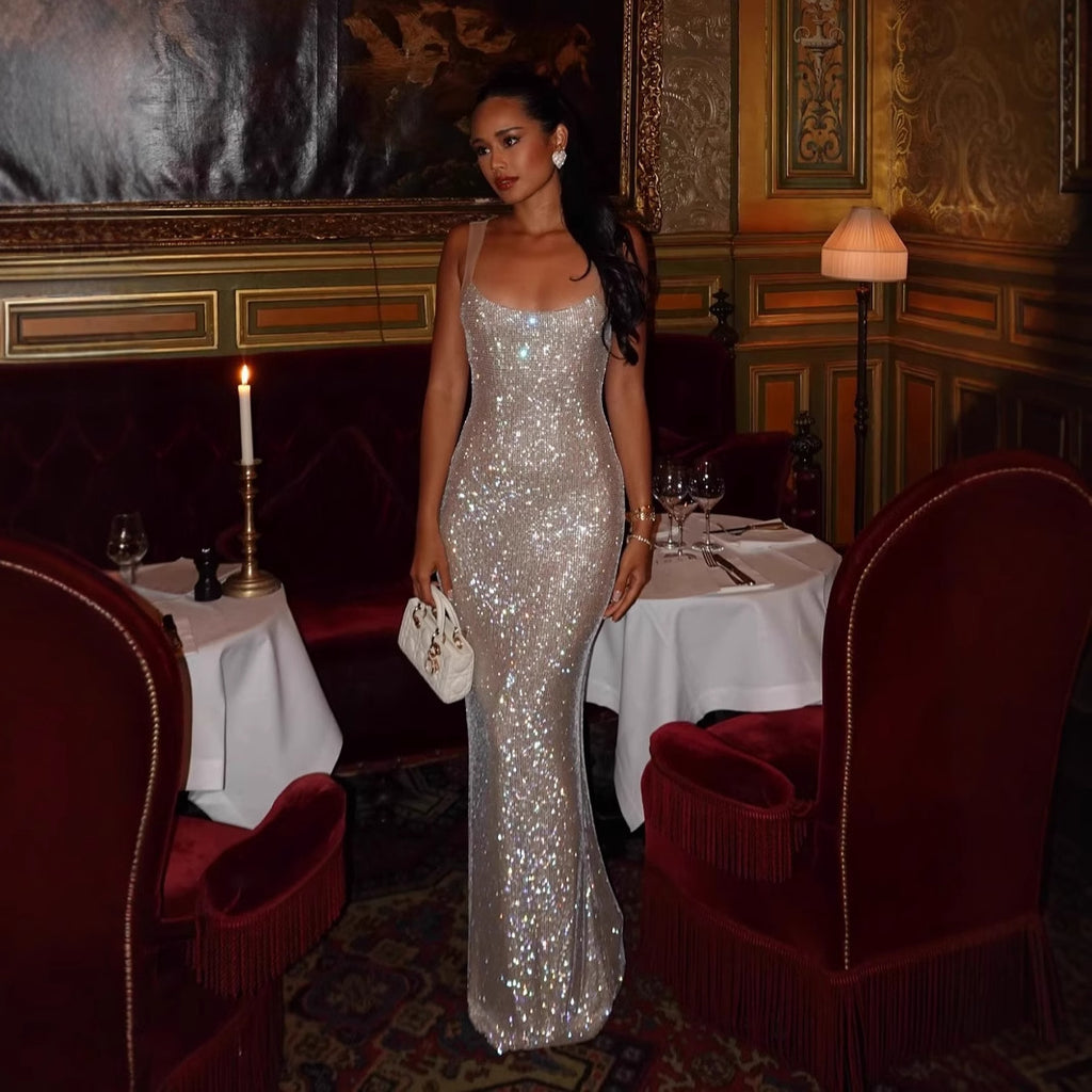 French Style Rhinestone Strap Dress, Sexy Bodycon Dress, Elegant Luxury Evening Gown, Backless Long Dress for Party and Gala