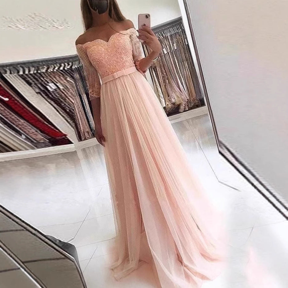 Elegant Long Dress with Spliced Full SkirtStyle V-Neck Evening Gown, Lace Off-Shoulder Princess Dress