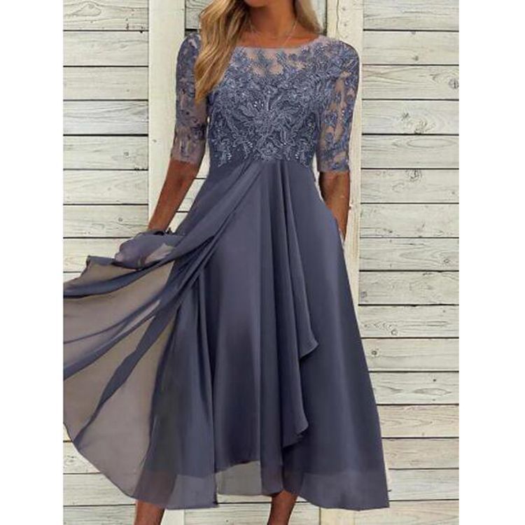Elegant Chiffon Lace Hollow-Out Long Dress for Women Wedding Guest or Evening Gown, Fashionable and Elegant Design