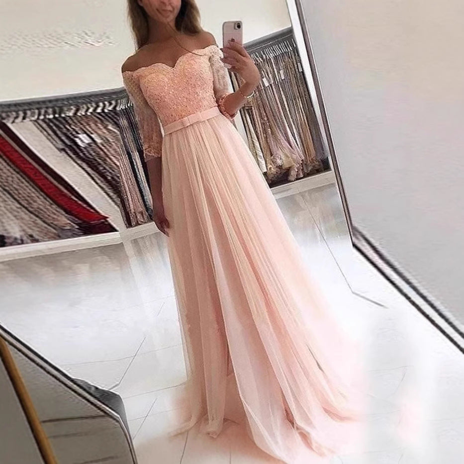 Elegant Long Dress with Spliced Full SkirtStyle V-Neck Evening Gown, Lace Off-Shoulder Princess Dress