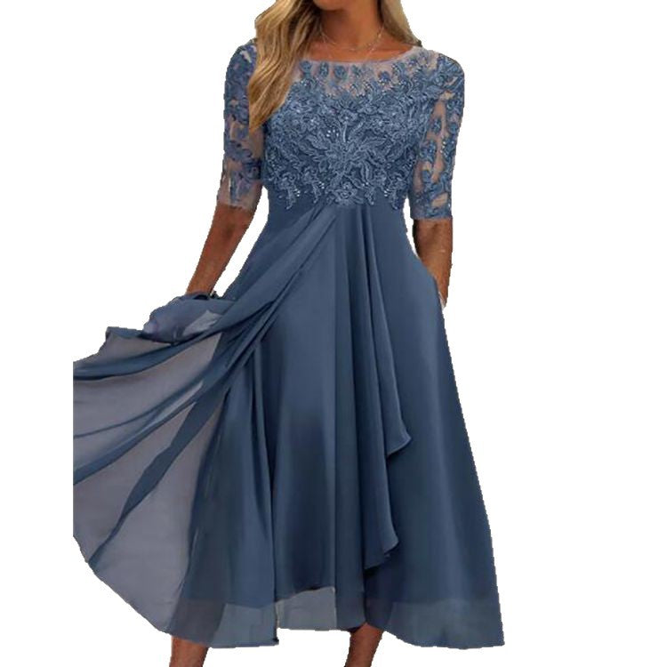 Elegant Chiffon Lace Hollow-Out Long Dress for Women Wedding Guest or Evening Gown, Fashionable and Elegant Design