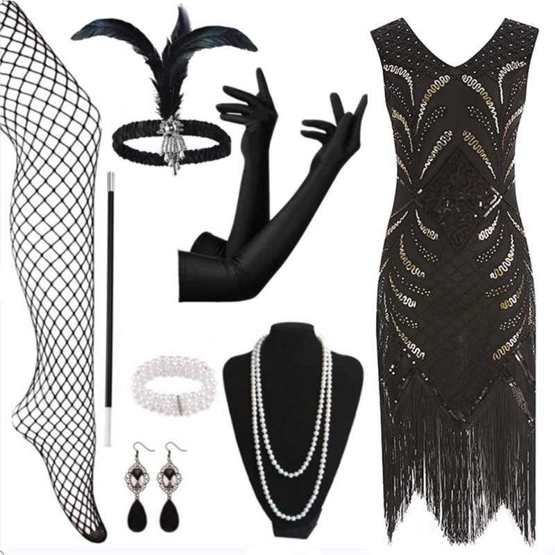 Halloween 1920s Vintage Gatsby Beaded Sequin Fringe Evening Dress