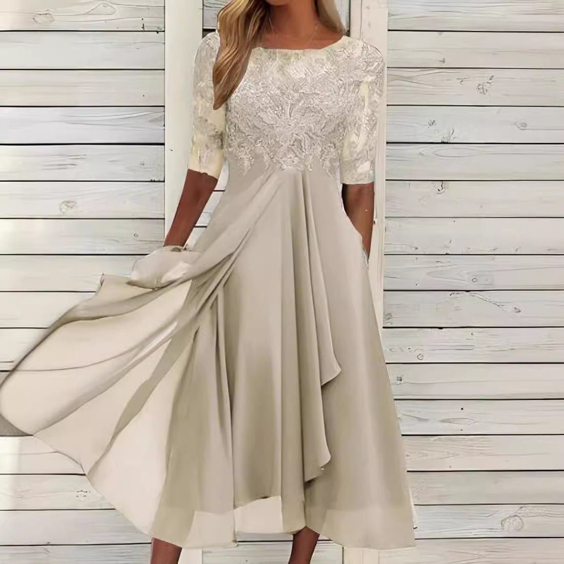Elegant Chiffon Lace Hollow-Out Long Dress for Women Wedding Guest or Evening Gown, Fashionable and Elegant Design