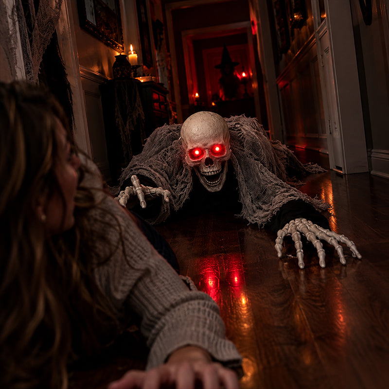 Voice Control Halloween Ghost – Glowing Red Eyes, Auto-Moving Hands, Foldable Bloody Zombie Screamer, Animatronic Decor