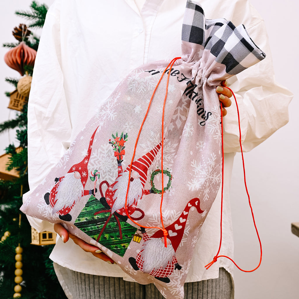 Christmas New Checkered Edge Imitation Linen Cartoon Printed Forest Elderly Gift Bag Creative Gift Storage
