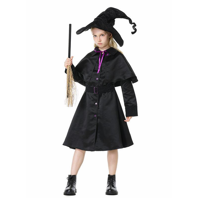 Halloween Cosplay Wizard Costume for Girls - Black Dress with Hat