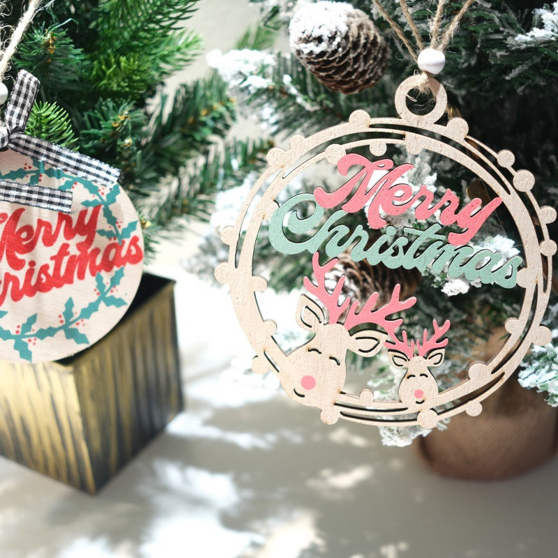 Christmas Wooden Letter Ornaments with Circular Cut-out Design for Christmas Tree, Hotel Room Door Decoration and Festival Atmosphere Decoration