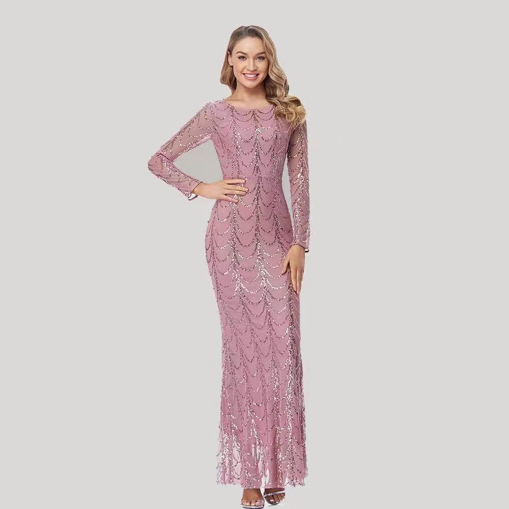 Elegant Party Dress with Sequins Long Sleeve Round Neck Fitted Mermaid Silhouette Evening Gown