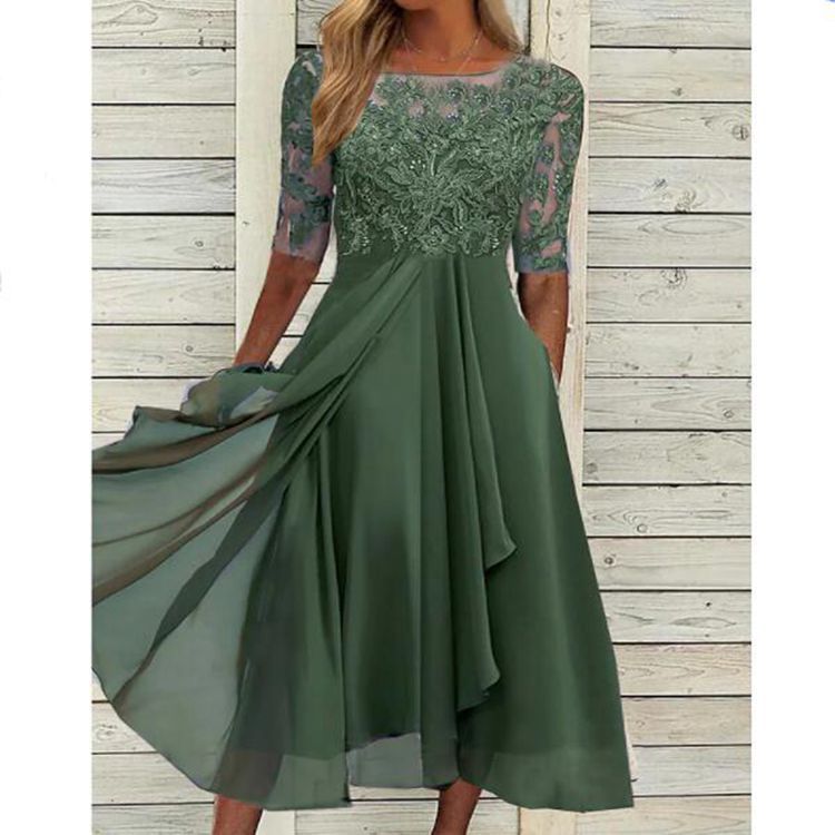 Elegant Chiffon Lace Hollow-Out Long Dress for Women Wedding Guest or Evening Gown, Fashionable and Elegant Design