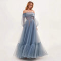Elegant Long Sleeve One Shoulder Tulle Dress Women's Wedding Gown Evening Dress