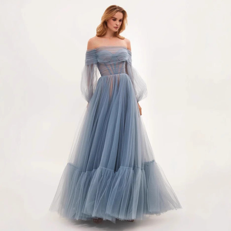 Elegant Long Sleeve One Shoulder Tulle Dress Women's Wedding Gown Evening Dress