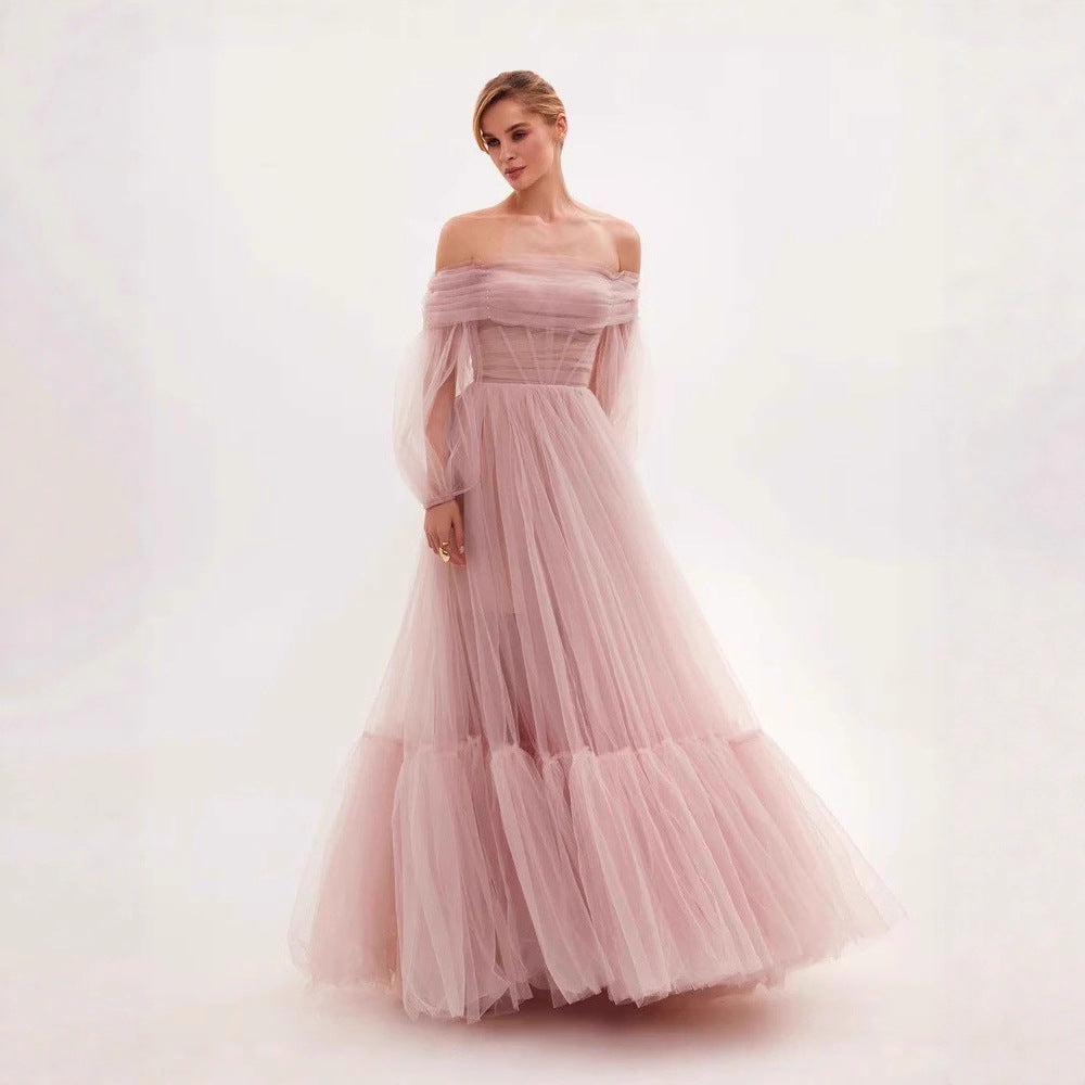 Elegant Long Sleeve One Shoulder Tulle Dress Women's Wedding Gown Evening Dress