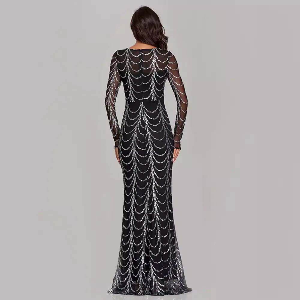 Elegant Party Dress with Sequins Long Sleeve Round Neck Fitted Mermaid Silhouette Evening Gown