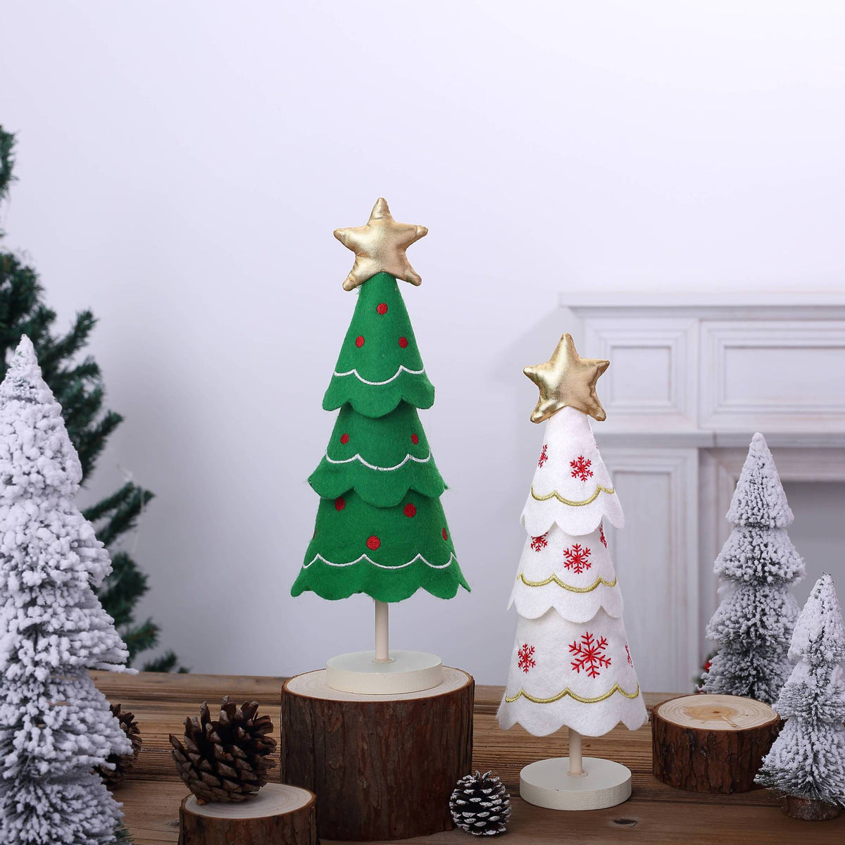 Cute Christmas Tree Fabric Wooden Display Window Desktop Christmas Embroidery Snowflake Decoration