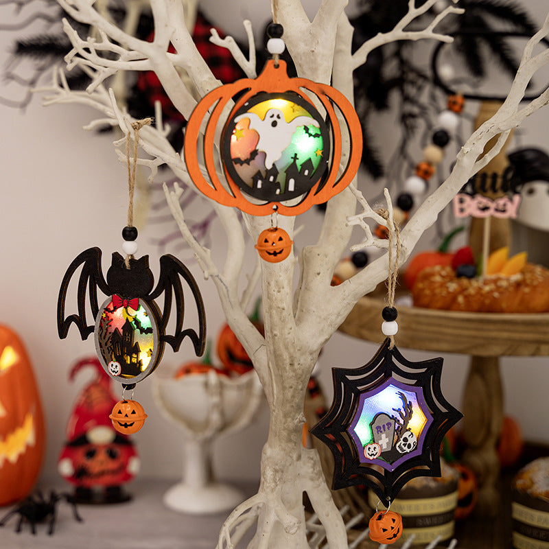 Halloween Wooden Lantern Hanging Pumpkin Pendant, Ghost Festival Atmosphere Decoration, Luminous Horror Pumpkin Spider Pendant