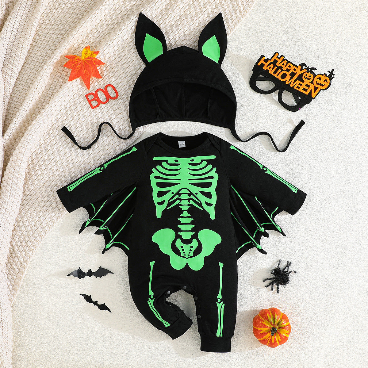 Baby Halloween Skeleton Bat Long Sleeve Onesie Costume with Hat