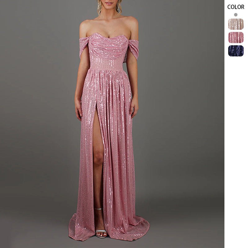 Glittery Strapless Maxi Dress with High Slit and Flared Skirt for Women Elegant Evening Gown