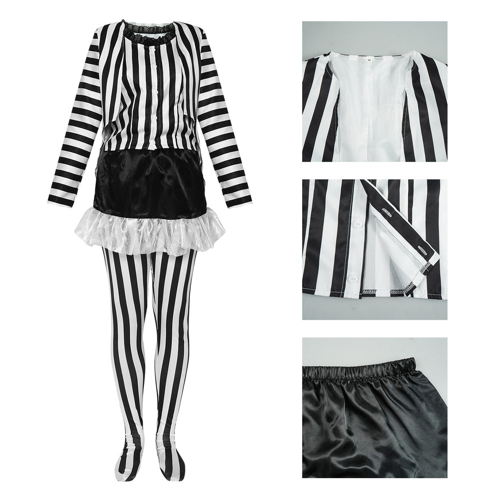 Halloween Beetlejuice Cosplay Costume Black and White Stripe Dress for Stage Performance