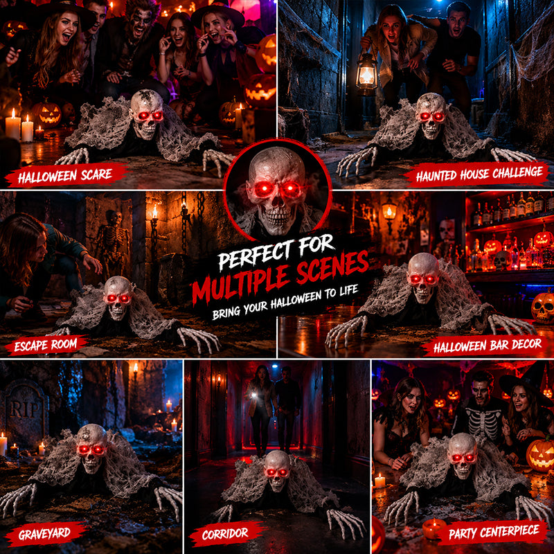 Voice Control Halloween Ghost – Glowing Red Eyes, Auto-Moving Hands, Foldable Bloody Zombie Screamer, Animatronic Decor