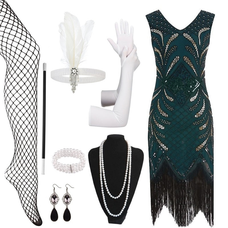 Halloween 1920s Vintage Gatsby Beaded Sequin Fringe Evening Dress