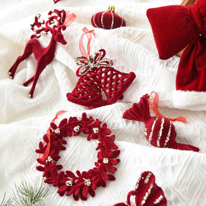 Christmas decoration red flocking elk bell pendant Christmas tree decoration ornaments