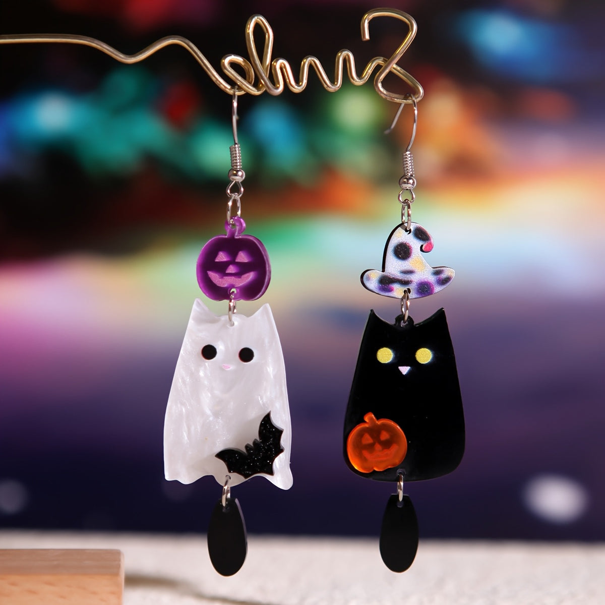 Halloween Black and White Ghost Pumpkin Bat Acrylic Earrings, Quirky Minimalist Design Creative Earrings
