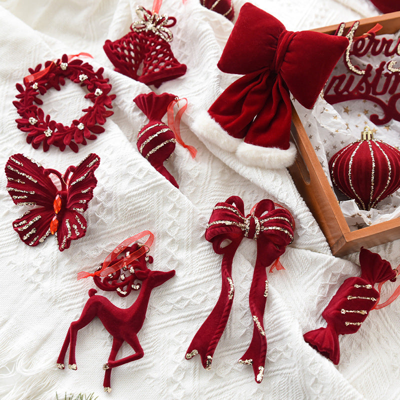 Christmas decoration red flocking elk bell pendant Christmas tree decoration ornaments