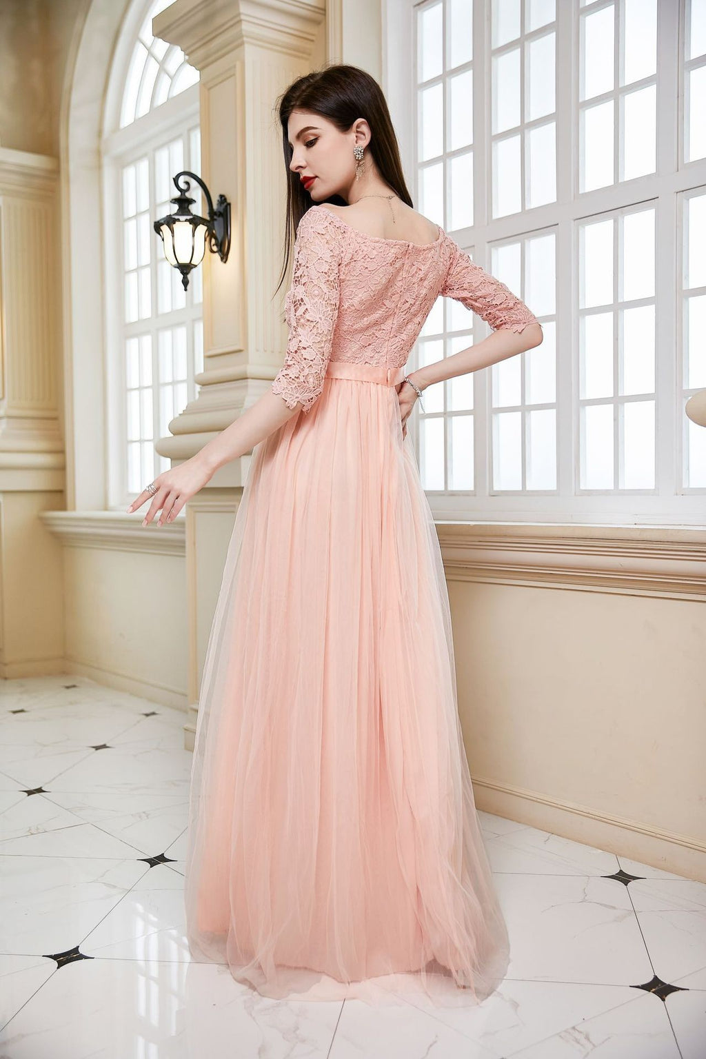 Elegant Long Dress with Spliced Full SkirtStyle V-Neck Evening Gown, Lace Off-Shoulder Princess Dress