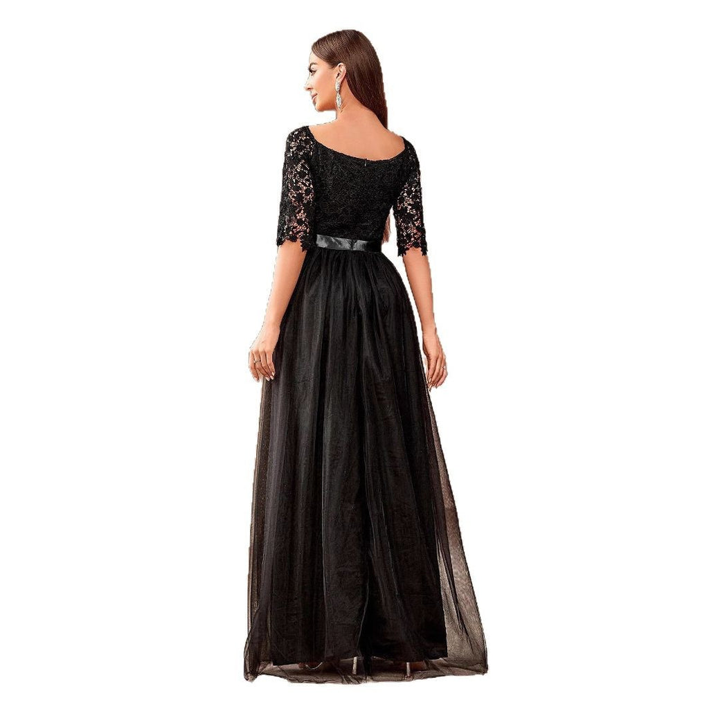 Elegant Long Dress with Spliced Full SkirtStyle V-Neck Evening Gown, Lace Off-Shoulder Princess Dress