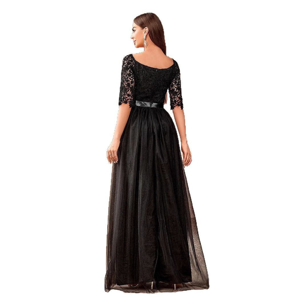 Elegant Long Dress with Spliced Full SkirtStyle V-Neck Evening Gown, Lace Off-Shoulder Princess Dress