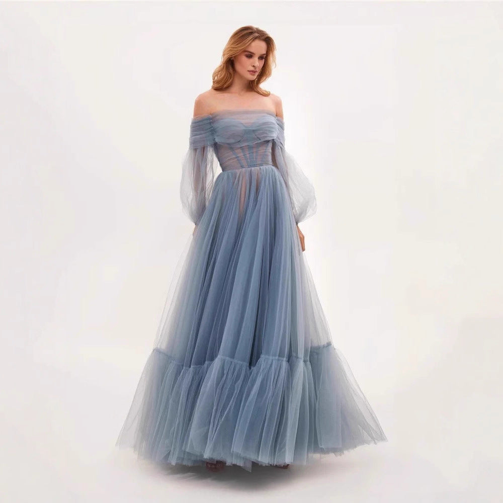 Elegant Long Sleeve One Shoulder Tulle Dress Women's Wedding Gown Evening Dress