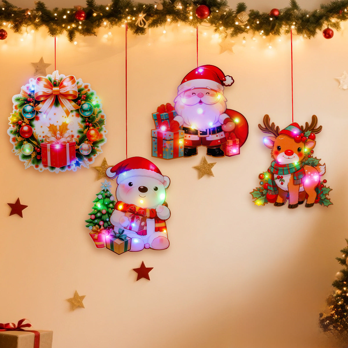 Santa Claus luminous door hanging decoration Christmas home DIY colorful lights snowman scene decoration hanging decoration