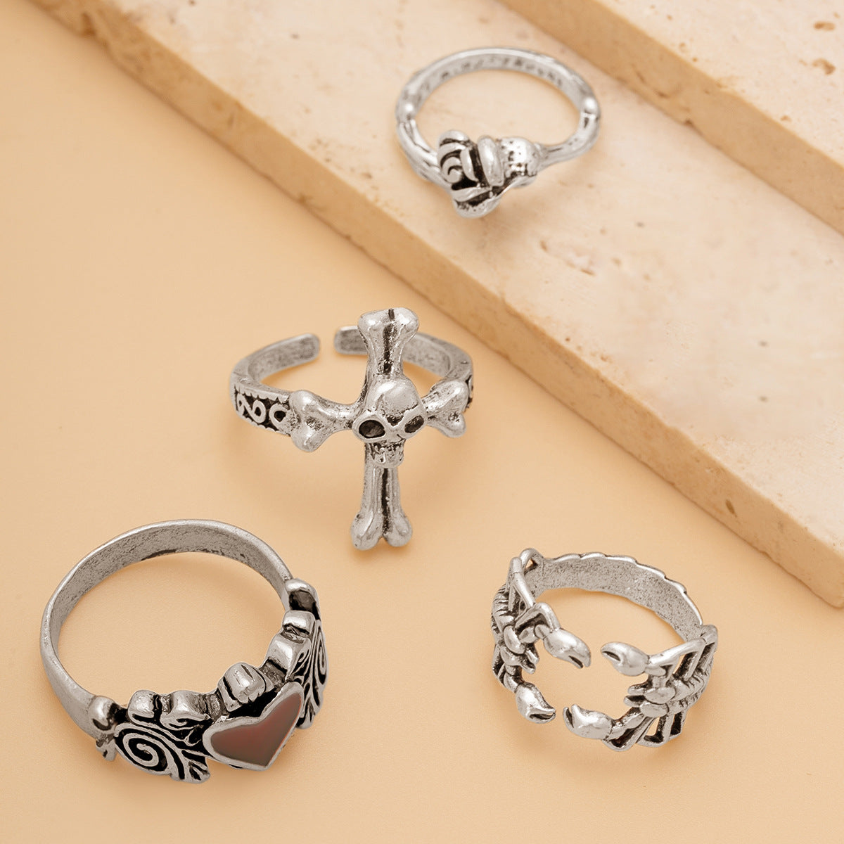 Halloween Jewel Set, 4-piece Cross Skull Ring Set