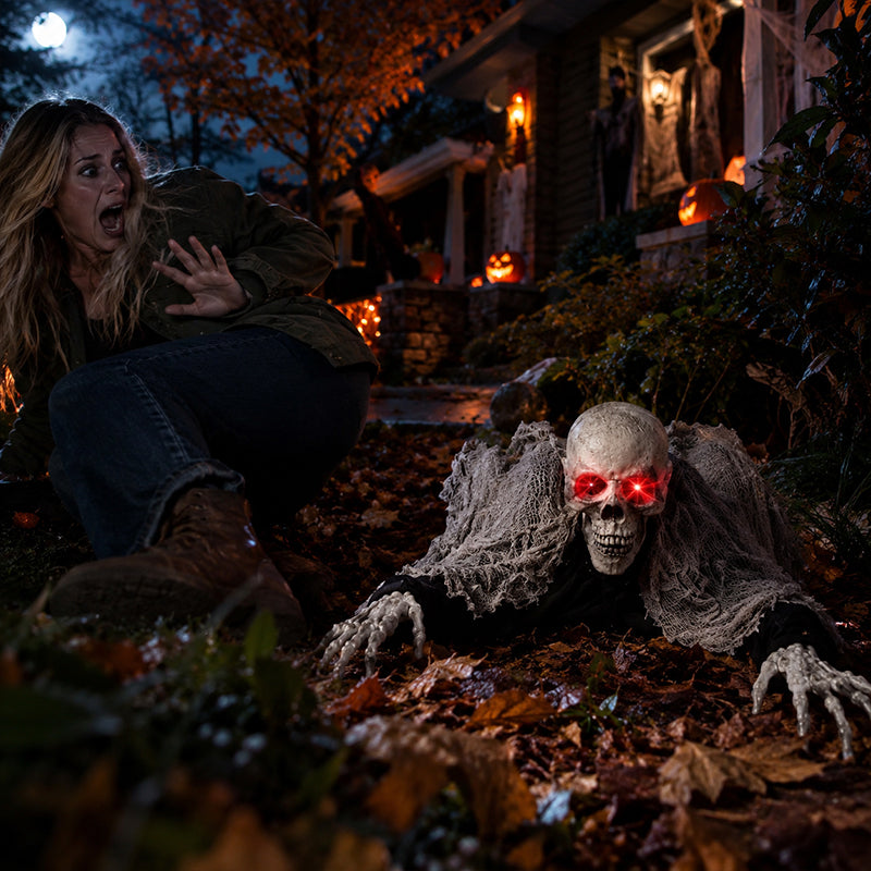 Voice Control Halloween Ghost – Glowing Red Eyes, Auto-Moving Hands, Foldable Bloody Zombie Screamer, Animatronic Decor