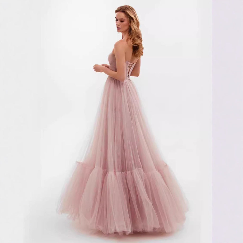 Elegant Long Sleeve One Shoulder Tulle Dress Women's Wedding Gown Evening Dress